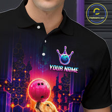 Load image into Gallery viewer, Men’s Golden Retriever Dog retro neon bowling polo shirt with custom name, angled front view showing custom team design 