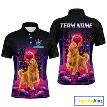 Load image into Gallery viewer, Men’s retro Golden Retriever Dog neon synthwave bowling polo shirt with, front view on white background.