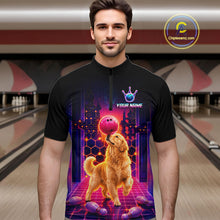 Load image into Gallery viewer, Men’s retro Golden Retriever Dog neon synthwave bowling quarter zip shirt, front view on male model in bowling lane 