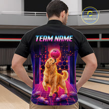 Load image into Gallery viewer, Men’s retro Golden Retriever Dog neon synthwave bowling quarter zip shirt, back view on male model in bowling lane 