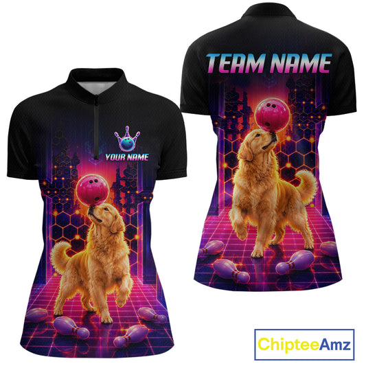 Women’s retro Golden Retriever Dog neon synthwave bowling polo shirt, back view on white background.