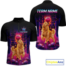 Load image into Gallery viewer, Men’s retro Golden Retriever Dog neon synthwave bowling polo shirt, back view on white background.