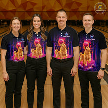 Load image into Gallery viewer, Group of bowlers in Golden Retriever Dog neon synthwave team shirts, personalized bowling uniforms front view