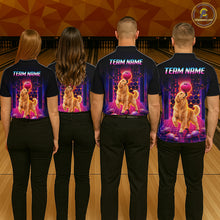 Load image into Gallery viewer, Group of bowlers in Golden Retriever Dog neon synthwave team shirts, personalized bowling uniforms back view