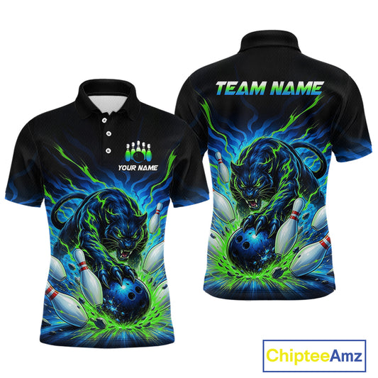 Black polo shirt with a panther and bowling design on a white background, featuring 'Chiptee Amz' branding.