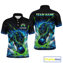 Load image into Gallery viewer, Black polo shirt with a panther and bowling design on a white background, featuring 'Chiptee Amz' branding.