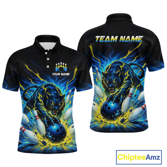 Black polo shirt with a panther and bowling design on a white background, featuring 'Your Name' and 'Team Name' text.