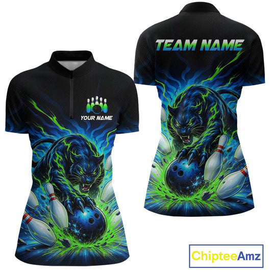 Black polo shirt with panther and bowling design on front and back, customizable text.