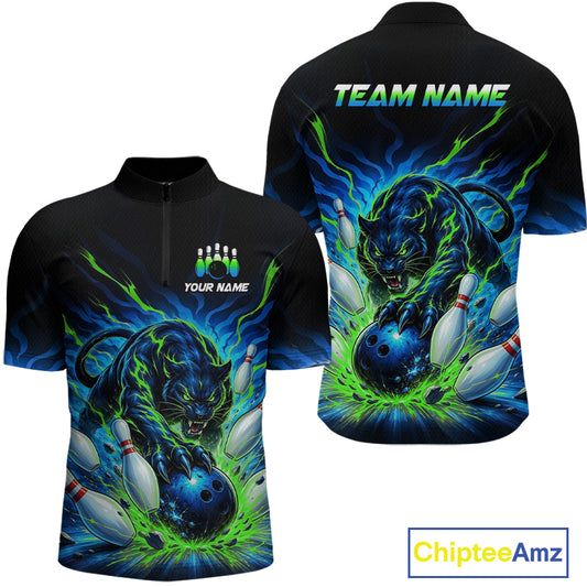 Black bowling shirt with panther design and customizable text, featuring Chiptee Amz branding.