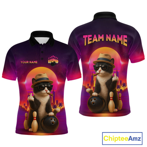 Custom Funny Cat Bowling Jersey for Men Bowling League Polo & 1/4 Zip Bowling Team Shirts HNT142