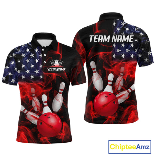 Custom us flag smoke bowling jersey for men, personalized team bowling polo shirt front view and back view.