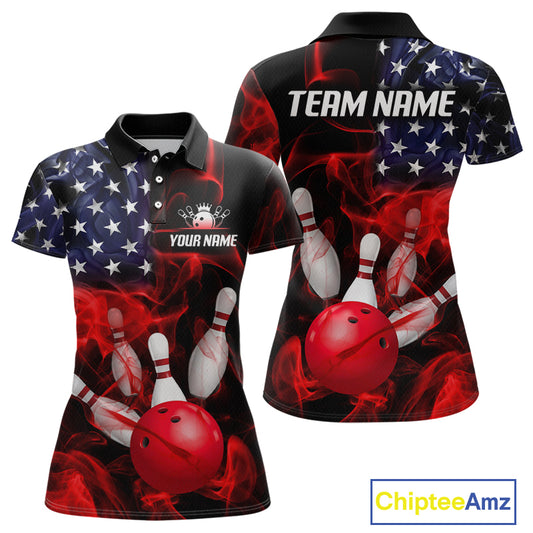 Custom us flag smoke bowling jersey for women, personalized team bowling polo shirt front view and back view.