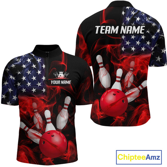 Custom us flag smoke bowling jersey for men, personalized team bowling quarter zip shirt front view and back view.