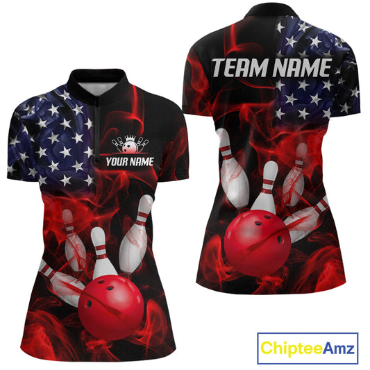 Custom us flag smoke bowling jersey for women, personalized team bowling quarter zip shirt front view and back view.