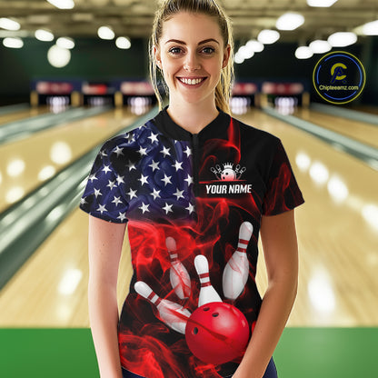 Women’s us flag smoke bowling quarter zip shirt, front view on female model in bowling lane 