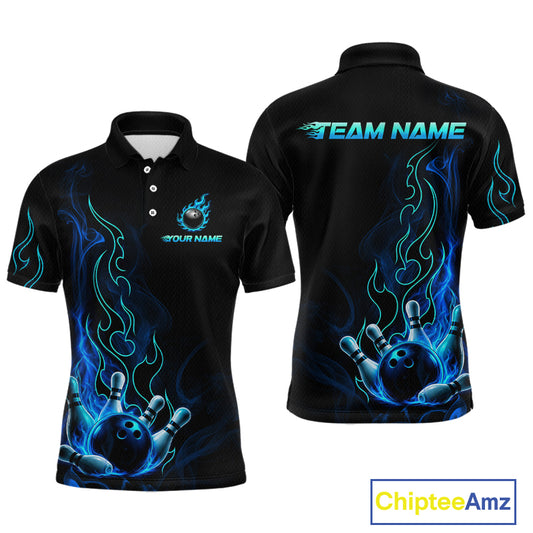 Black short-sleeve polo shirt shown from the front and back, featuring blue and cyan flame graphics, bowling pin and ball illustrations, and customizable text placeholders including 'TEAM NAME' and 'YOUR NAME'.