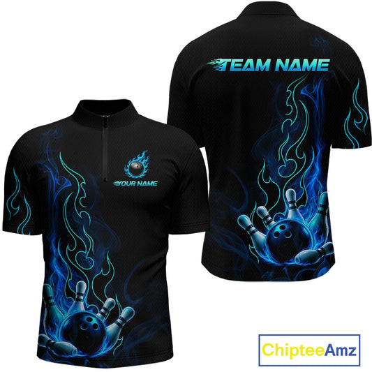 Black short-sleeve quarter-zip bowling shirt shown from front and back on a white background, with blue flame graphics, bowling balls, bowling pins, and customizable text areas reading TEAM NAME and YOUR NAME. A ChipteeAmz logo appears in the bottom right corner.