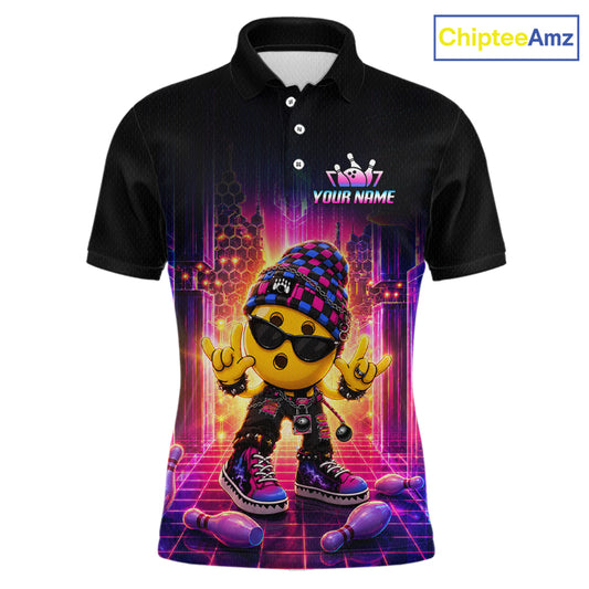 Custom neon synthwave rocker bowling jersey for men, personalized team bowling polo shirt front view.