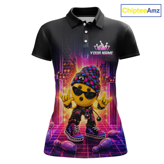 Custom neon synthwave rocker bowling jersey for women, personalized team bowling polo shirt front view.
