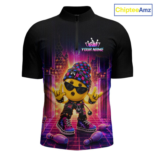 Custom neon synthwave rocker bowling jersey for men, personalized team bowling quarter zip shirt front view.