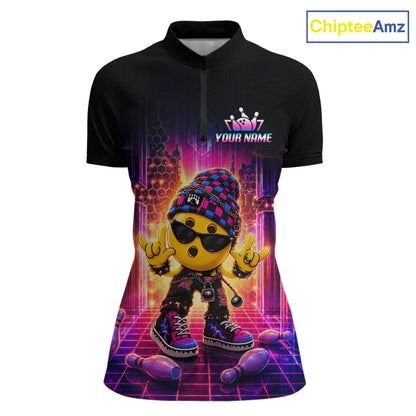 Custom neon synthwave rocker bowling jersey for women, personalized team bowling quarter zip shirt front view.