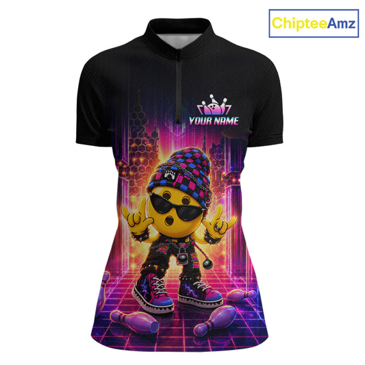 Custom neon synthwave rocker bowling jersey for women, personalized team bowling quarter zip shirt front view.