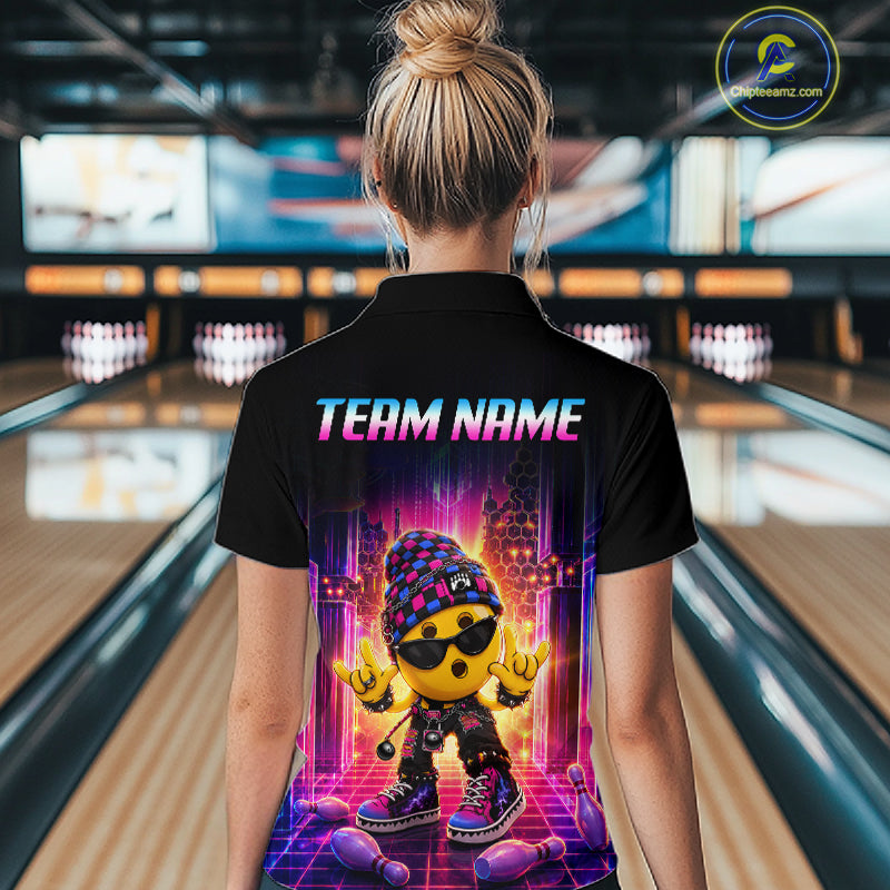 Women’s neon synthwave rocker bowling quarter zip shirt, back view on female model in bowling lane 