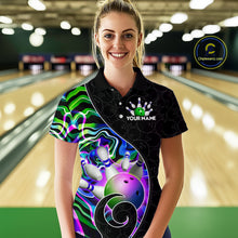 Load image into Gallery viewer, Women’s green neon wave bowling polo shirt, front view on male model in bowling lane