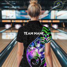Load image into Gallery viewer, Women’s green neon wave bowling polo shirt, back view on male model in bowling lane 