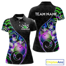 Load image into Gallery viewer, Women’s green neon wave strike bowling shirt with custom name, front view polo design on white background