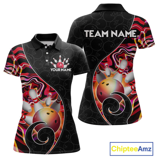 Women’s red neon wave strike bowling shirt with custom name, front view polo design on white background
