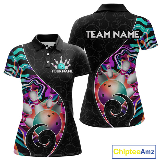 Women’s turquoise neon wave strike bowling shirt with custom name, front view polo design on white background