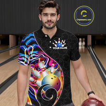 Load image into Gallery viewer, Men’s blue neon wave bowling polo shirt, front view on male model in bowling lane 