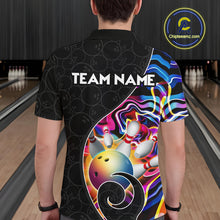 Load image into Gallery viewer, Men’s blue neon wave bowling polo shirt, back view on male model in bowling lane 