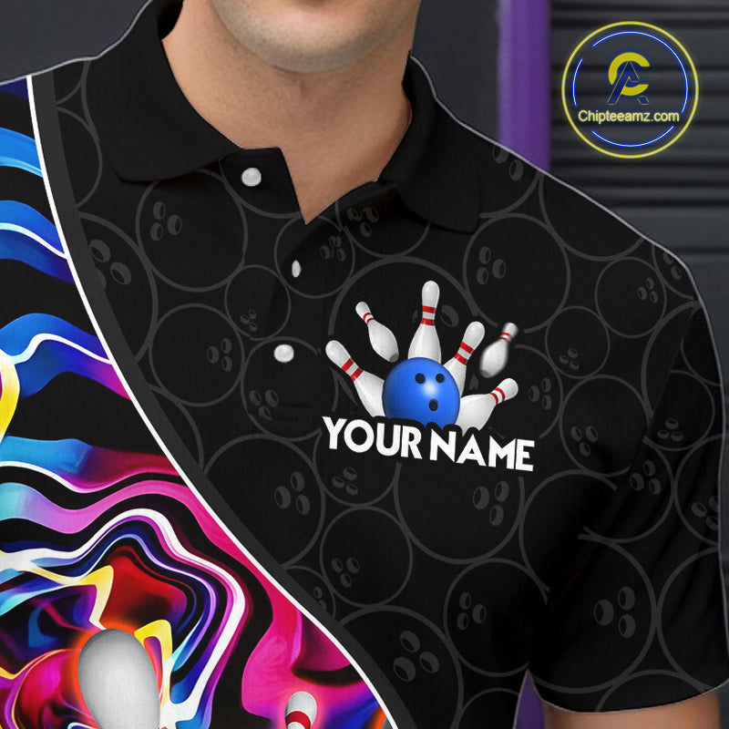 Men’s blue neon wave bowling polo shirt, angled front view showing custom team design