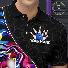 Load image into Gallery viewer, Men’s blue neon wave bowling polo shirt, angled front view showing custom team design