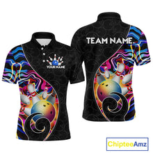 Load image into Gallery viewer, Men’s blue neon wave strike bowling shirt with custom name, front view polo design on white background