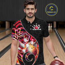 Load image into Gallery viewer, Men’s red neon wave bowling polo shirt, front view on male model in bowling lane 