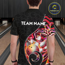 Load image into Gallery viewer, Men’s red neon wave bowling polo shirt, back view on male model in bowling lane 