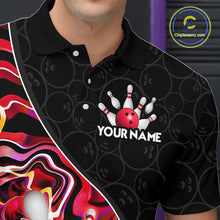 Load image into Gallery viewer, Men’s red neon wave bowling polo shirt, angled front view showing custom team design