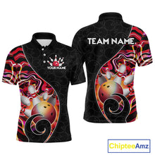 Load image into Gallery viewer, Men’s red neon wave strike bowling shirt with custom name, front view polo design on white background