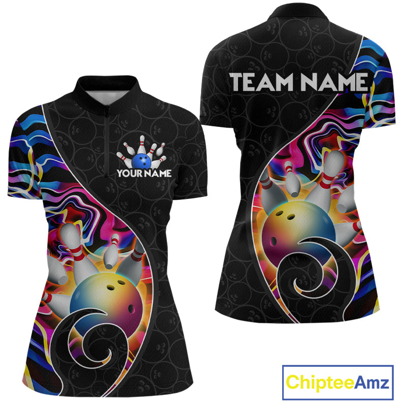 Women’s blue neon wave strike bowling shirt with custom name, front view quarter zip design on white background