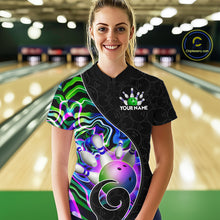 Load image into Gallery viewer, Women’s green neon wave bowling quarter zip shirt, front view on male model in bowling lane