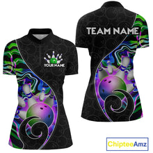 Load image into Gallery viewer, Women’s green neon wave strike bowling shirt with custom name, front view quarter zip design on white background