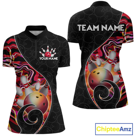 Women’s red neon wave strike bowling shirt with custom name, front view quarter zip design on white background