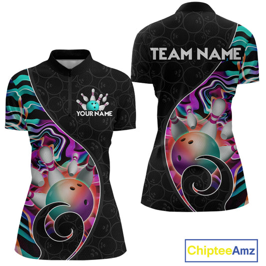 Women’s turquoise neon wave strike bowling shirt with custom name, front view quarter zip design on white background