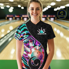 Load image into Gallery viewer, Women’s turquoise neon wave bowling quarter zip shirt, front view on female model in bowling lane 