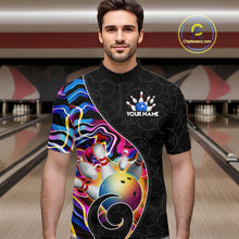Load image into Gallery viewer, Men’s blue neon wave bowling quarter zip shirt, front view on male model in bowling lane 