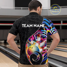 Load image into Gallery viewer, Men’s blue neon wave bowling quarter zip shirt, front back on male model in bowling lane