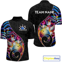 Load image into Gallery viewer, Men’s blue neon wave strike bowling shirt with custom name, front view quarter zip design on white background